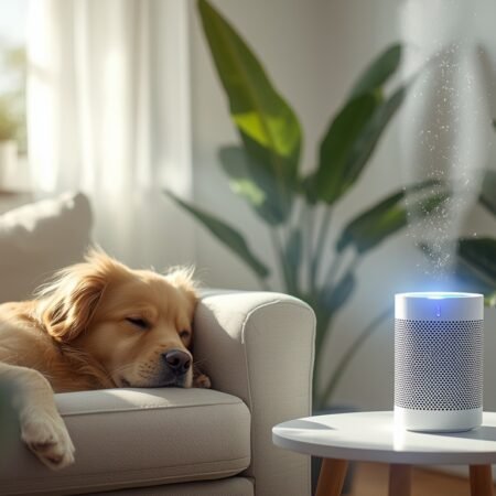 Golden Retriever ligt ontspannen op een lichte bank in een zonnige woonkamer, naast een moderne luchtbevochtiger die zacht mist verspreidt.