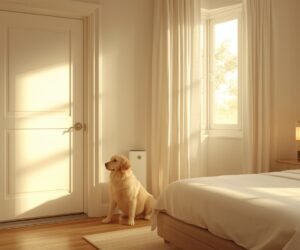 Senior hond zit rustig in een warme slaapkamer — symbool voor herstel en zorg bij ziekte.
