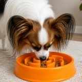 Papillon eet rustig uit oranje slowfeeder Papillon eet uit oranje slowfeeder op licht tapijt in huiselijke omgeving