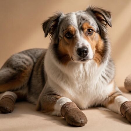 Australian Shepherd met pootbescherming Senior Australian Shepherd ligt ontspannen op beige ondergrond met bruine sokjes aan de poten en verzorgingsproducten ernaast