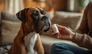 Senior boxer ontvangt supplementen — gezonde dagelijkse zorg Bruine boxer zit op de bank terwijl een hand een potje supplementen voor honden toont