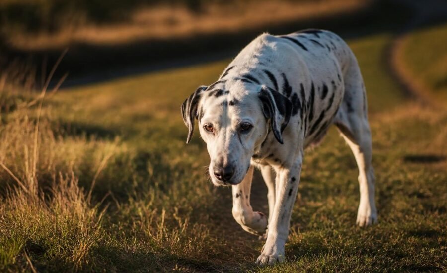Senior dalmatiër loopt langzaam over een pad in het gouden uur, symbool voor rust en verandering