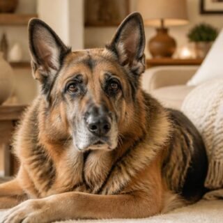 Senior Duitse herder in warme woonkamer – premium lifestyle voor oudere honden Senior Duitse herder ligt ontspannen op een licht tapijt in een warme beige woonkamer met natuurlijke verlichting