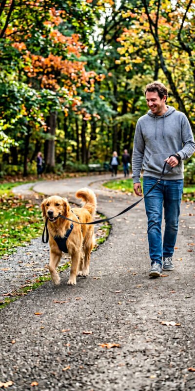 Senior golden retriever wandelt met zijn baasje over een herfstpad – symbool voor beweging en welzijn