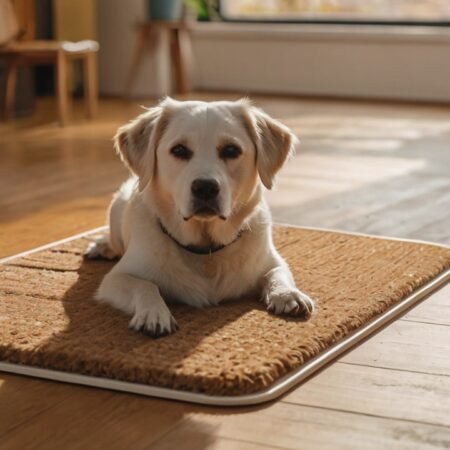 Senior hond ligt rustig op beige antislipmat in warme woonkamer met houten vloer