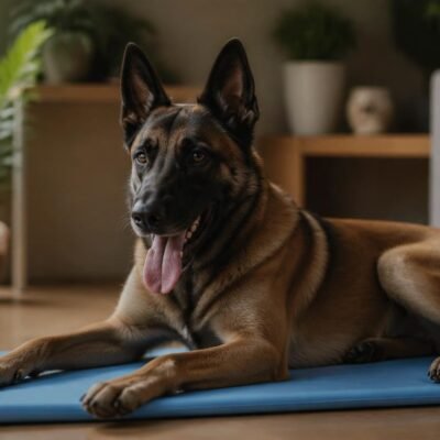 Belgische herder op koelmat Belgische herder ligt ontspannen op blauwe koelmat binnen met ventilator en planten op achtergrond