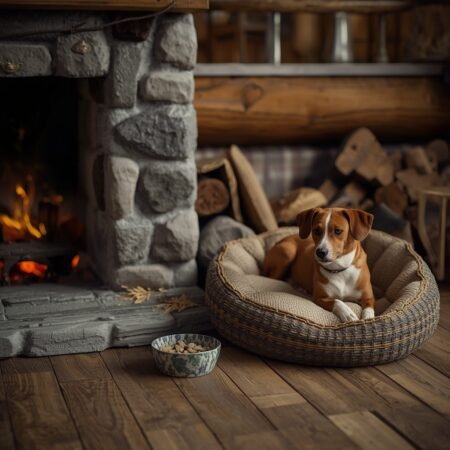 Senior hond rust in een mand bij een warme open haard — symbool voor comfort, rust en herstel.
