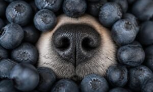 Senior hond tussen blauwe bessen — gezonde voeding Close‑up van de neus van een senior hond tussen verse blauwe bessen