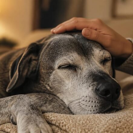 Grijze senior hond ligt ontspannen op zachte deken terwijl eigenaar liefdevol hand op hoofd legt