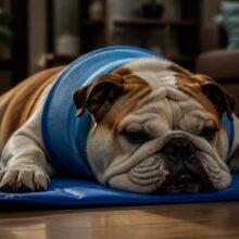 Engelse bulldog met koelvest Engelse bulldog ligt op blauwe koelmat en draagt koelvest binnen bij warm licht
