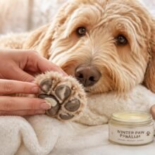 Pootverzorging voor senior hond Senior Goldendoodle ligt ontspannen terwijl zijn poot wordt verzorgd met pootbalsem