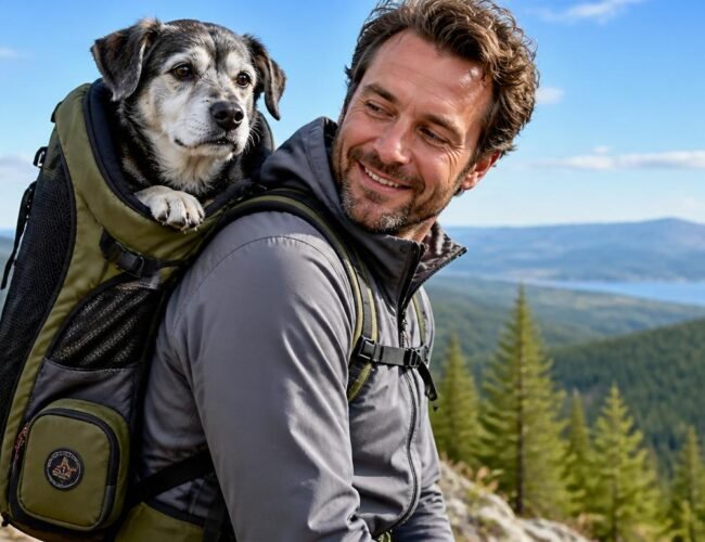 Oudere hond zit comfortabel in een rugzak tijdens een bergwandeling, symbool voor mobiliteit en zorg bij senior honden.