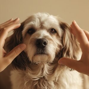 Senior hond met liefdevolle aandacht – rust en zorg bij hartproblemen Senior hond met beige vacht tussen twee handen in warme, zachte verlichting