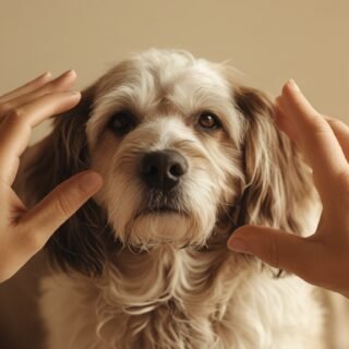 Senior hond met liefdevolle aandacht – rust en zorg bij hartproblemen Senior hond met beige vacht tussen twee handen in warme, zachte verlichting