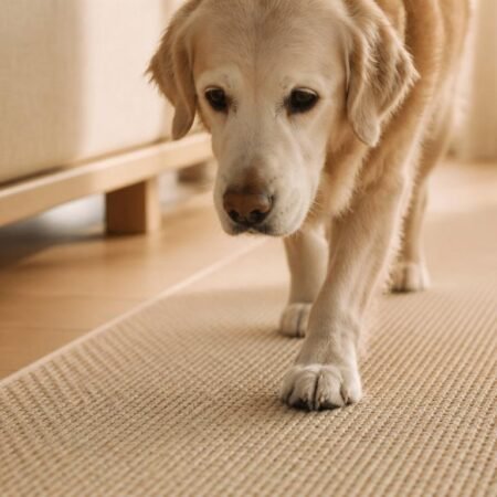 Senior hond loopt langzaam en stabiel op beige antislipmat in warme woonkamer