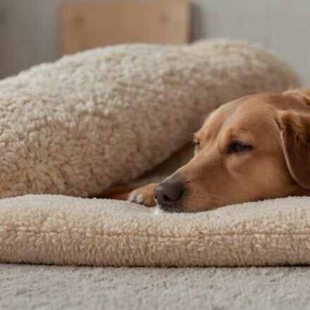 Senior hond ligt ontspannen op zacht orthopedisch kussen in warme woonkamer