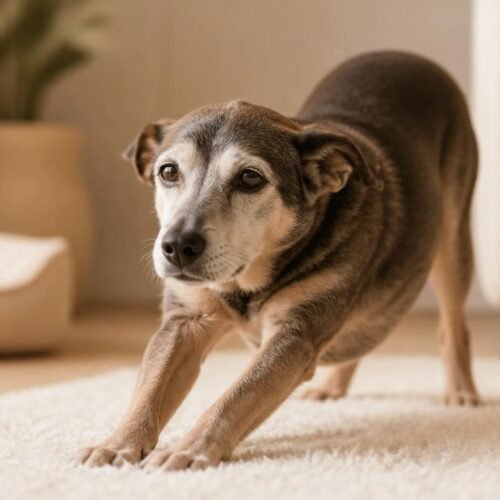 Oudere hond strekt zich rustig uit op een zachte beige vloer in een warme woonkamer
