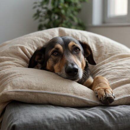 Senior hond met donkere vacht rust op licht kussen in warme woonkamer