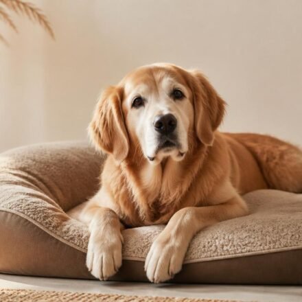 Senior golden retriever ligt ontspannen op warm bruin orthopedisch kussen – rust en nabijheid