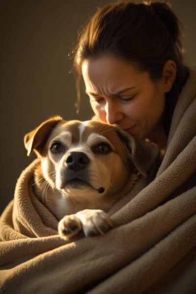 Vrouw troost oudere hond onder warme deken, symbool voor liefdevolle verzorging en rust.