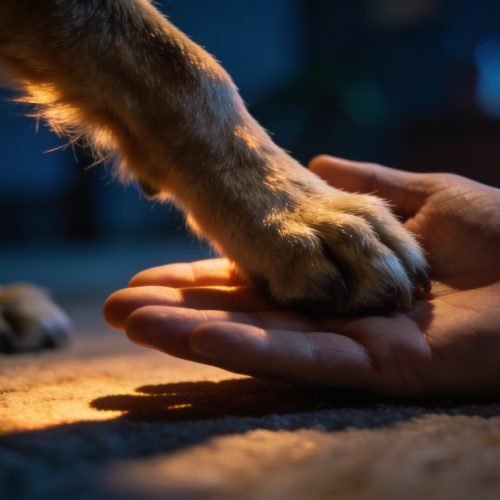 Close‑up van hondenpoot op menselijke hand — symbool voor vertrouwen, zorg en verbondenheid bij senior honden.