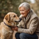 seniorhonden-vrouw-drie-honden-tuin.jpg Vrouw poseert met drie honden in groene tuin met gele bloemen.