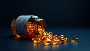 Supplementen voor senior honden – PuurNatuur verzorging Amberkleurige supplementcapsules liggen op tafel, symbool voor natuurlijke verzorging en gezondheid bij senior honden.