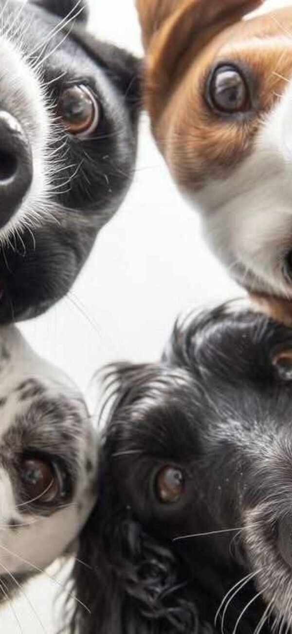 Vier honden kijken nieuwsgierig van onderaf in de camera, met neuzen en ogen prominent in beeld